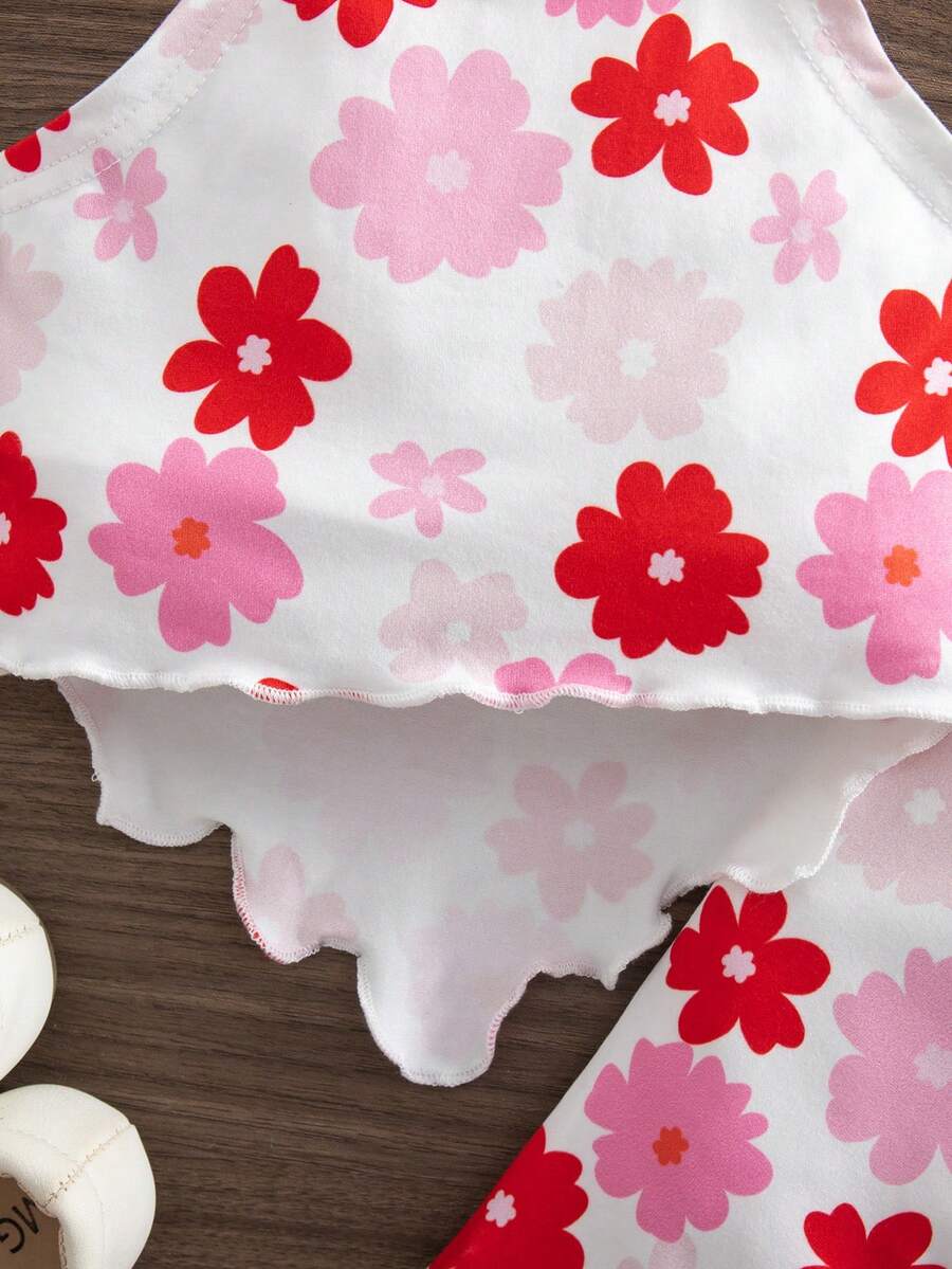 Heart Pattern Halter Top And Flared Pants Set For Baby Girls Valentine Outfit
