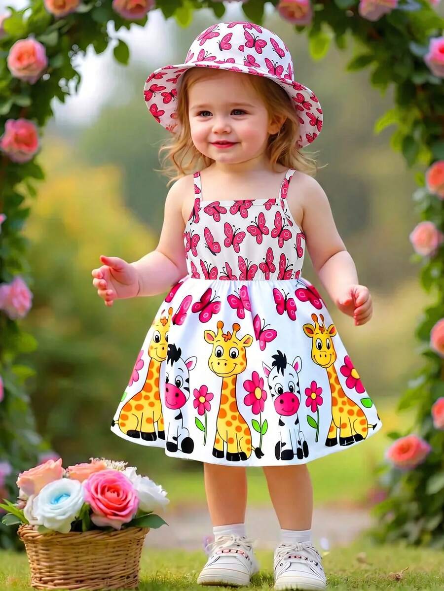 2pcs Baby Girl Floral Print Dress and Hat Set for Spring and Summer Wear
