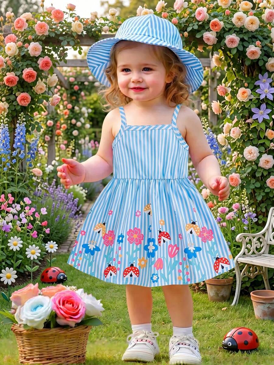 2pcs Baby Girl Floral Print Dress and Hat Set for Spring and Summer Wear
