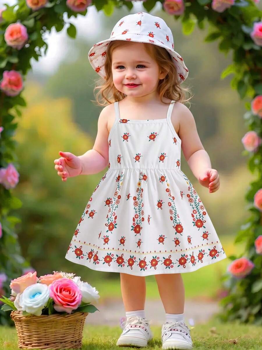 2pcs Baby Girl Floral Print Dress and Hat Set for Spring and Summer Wear