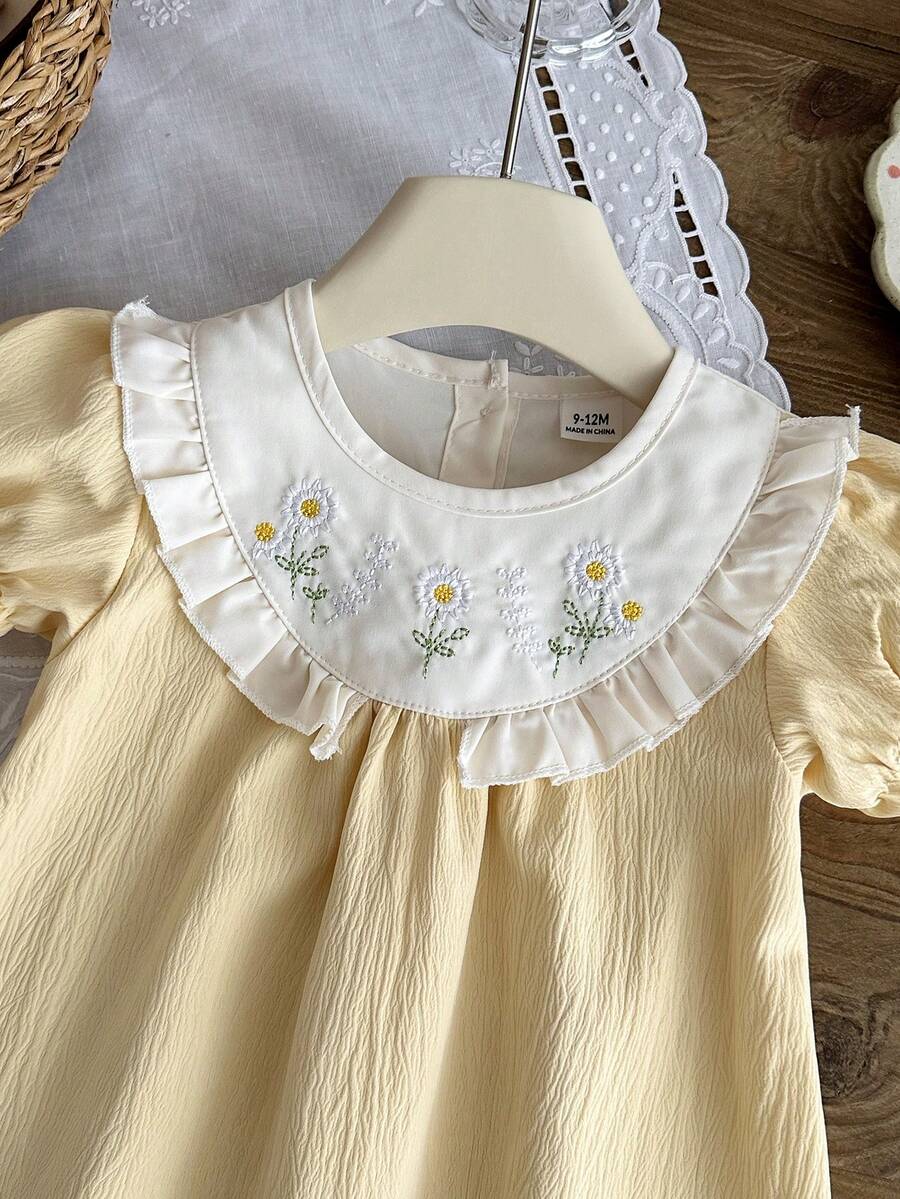 Infant Girl Peter Pan Collar Floral Embroidered Summer Dress for Casual Wear