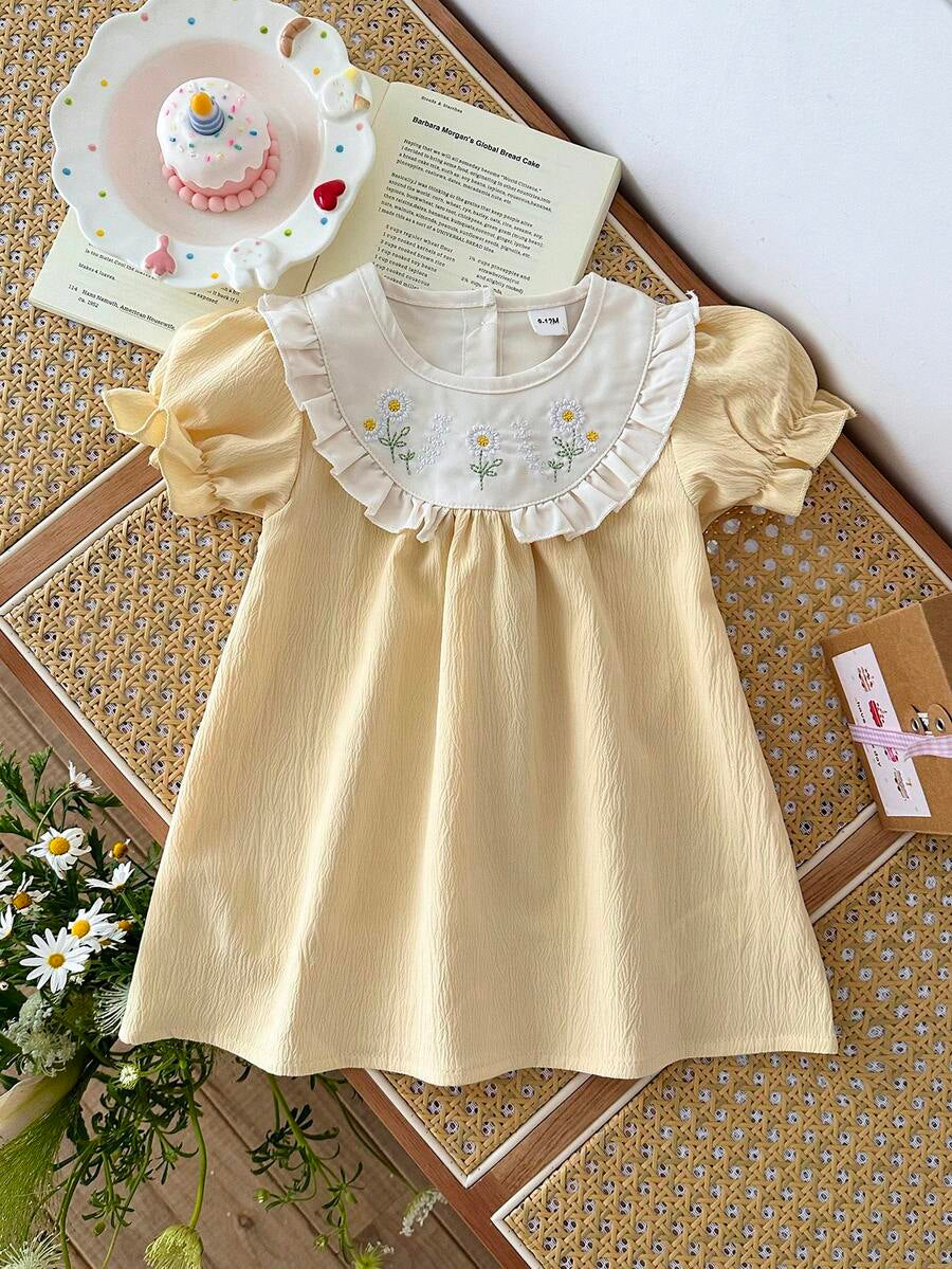 Infant Girl Peter Pan Collar Floral Embroidered Summer Dress for Casual Wear
