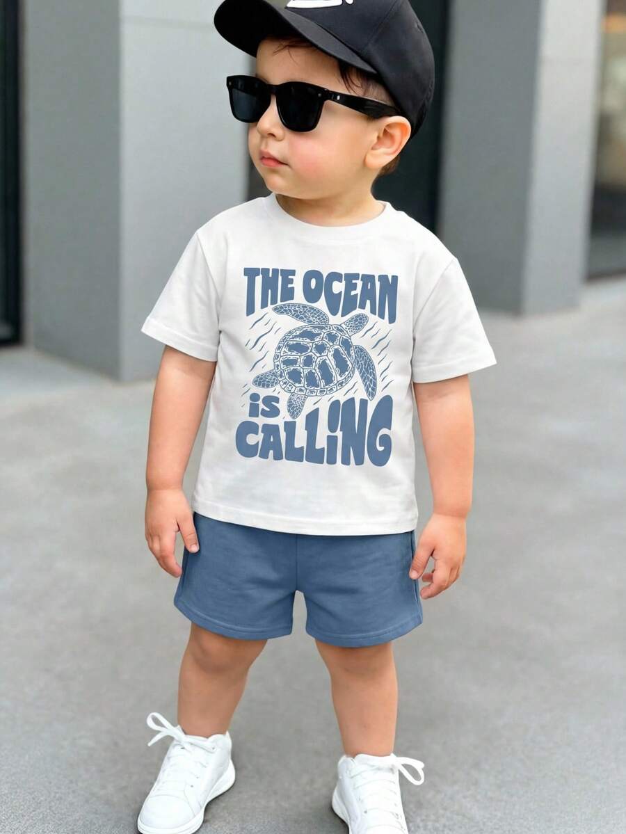 Baby Boy Animal Crayon Print T Shirt and Knitted Shorts 2 Piece Casual Spring Summer Outfit Set