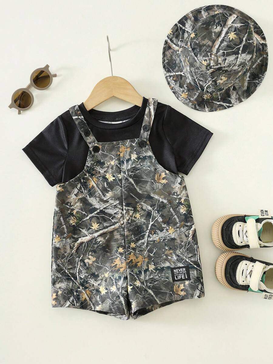 Baby Striped Bib Overalls and Bucket Hat 2 Piece Casual Summer Beach Outfit Set