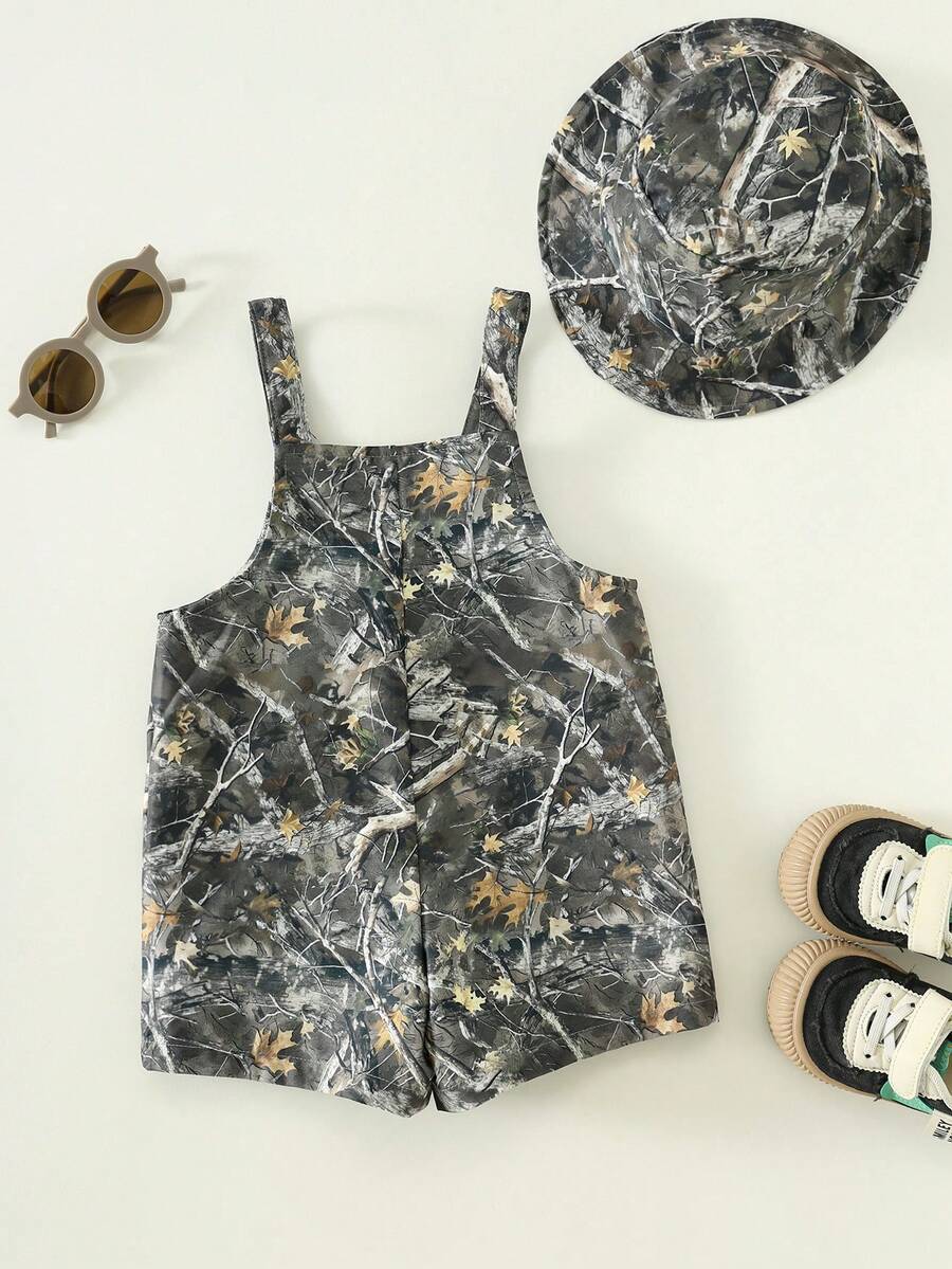 Baby Striped Bib Overalls and Bucket Hat 2 Piece Casual Summer Beach Outfit Set