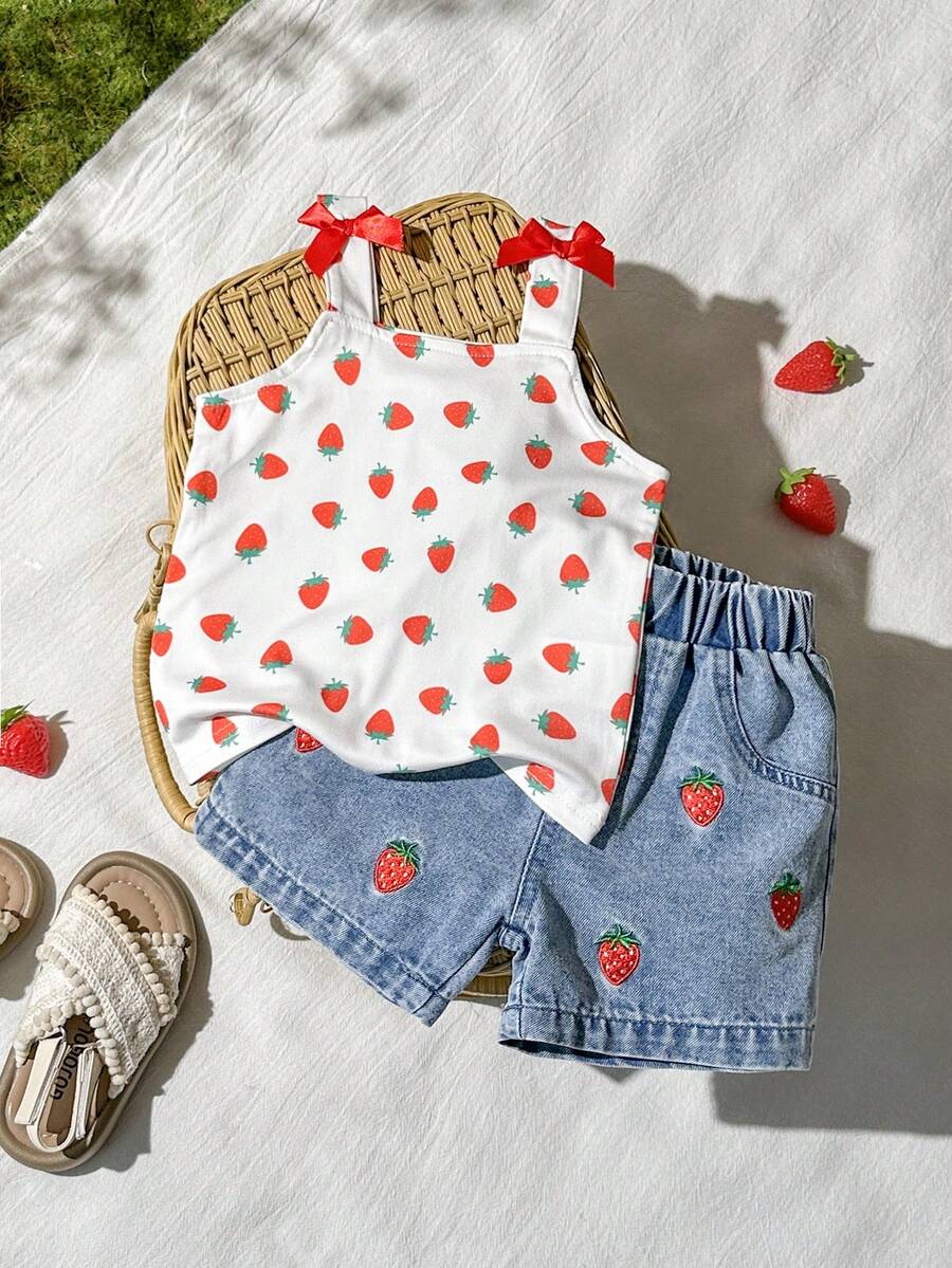 Cute Strap Vest And Shorts Set For Little Girls Cherry Print Clothing