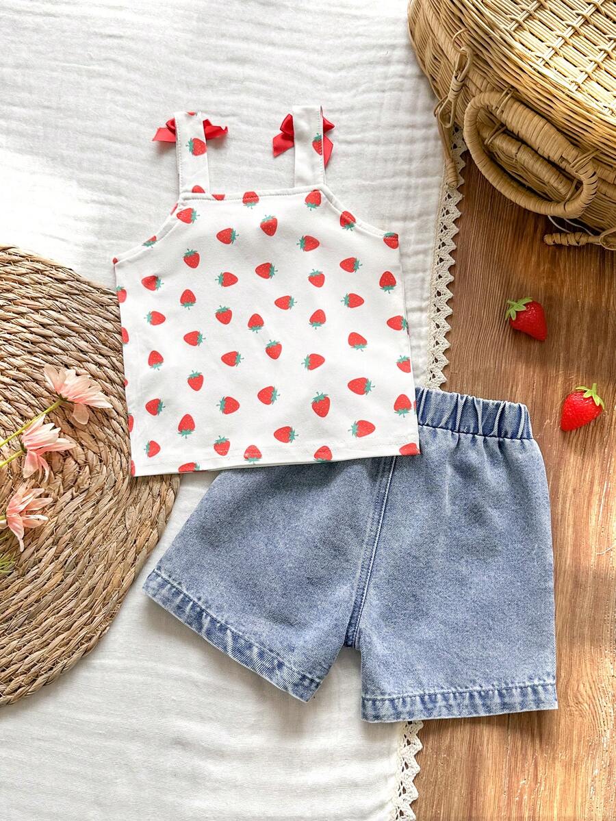 Cute Strap Vest And Shorts Set For Little Girls Cherry Print Clothing
