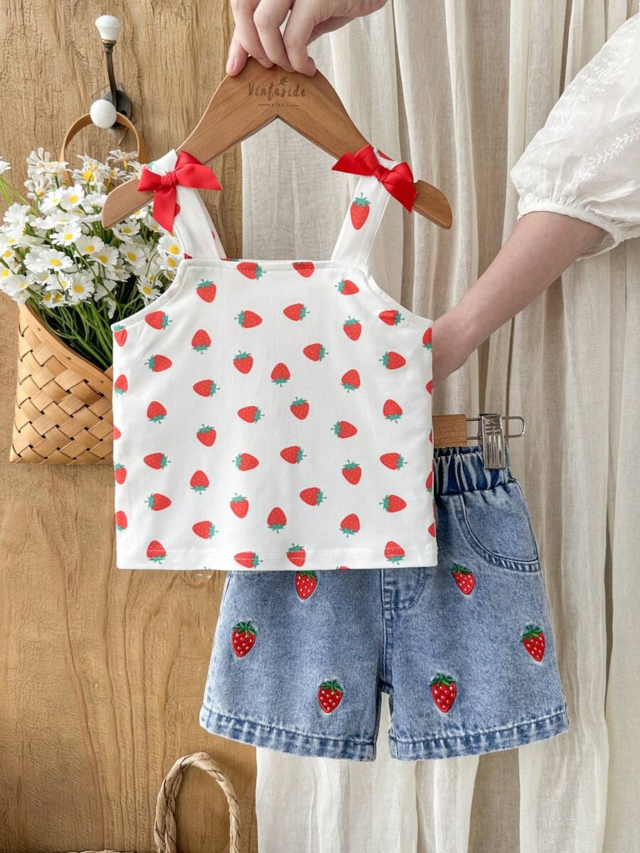 Cute Strap Vest And Shorts Set For Little Girls Cherry Print Clothing