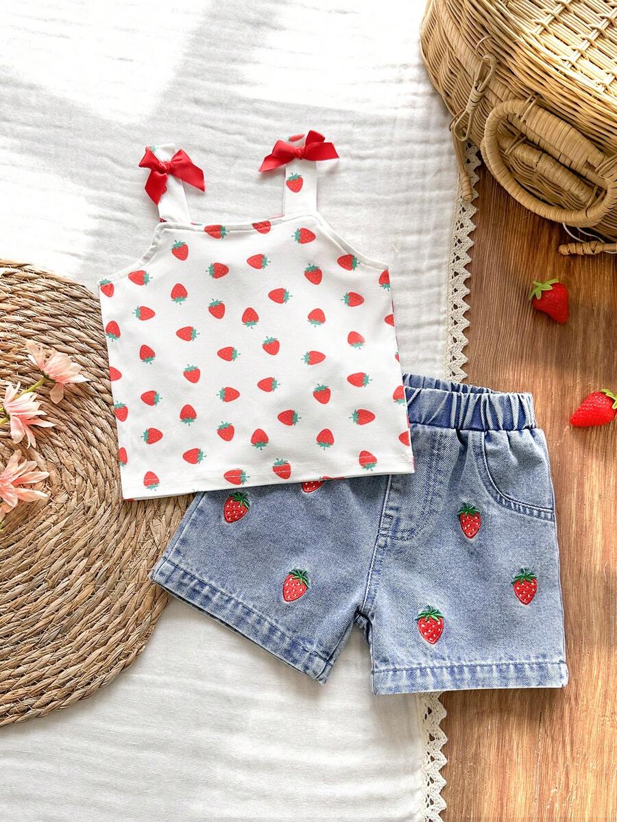 Cute Strap Vest And Shorts Set For Little Girls Cherry Print Clothing