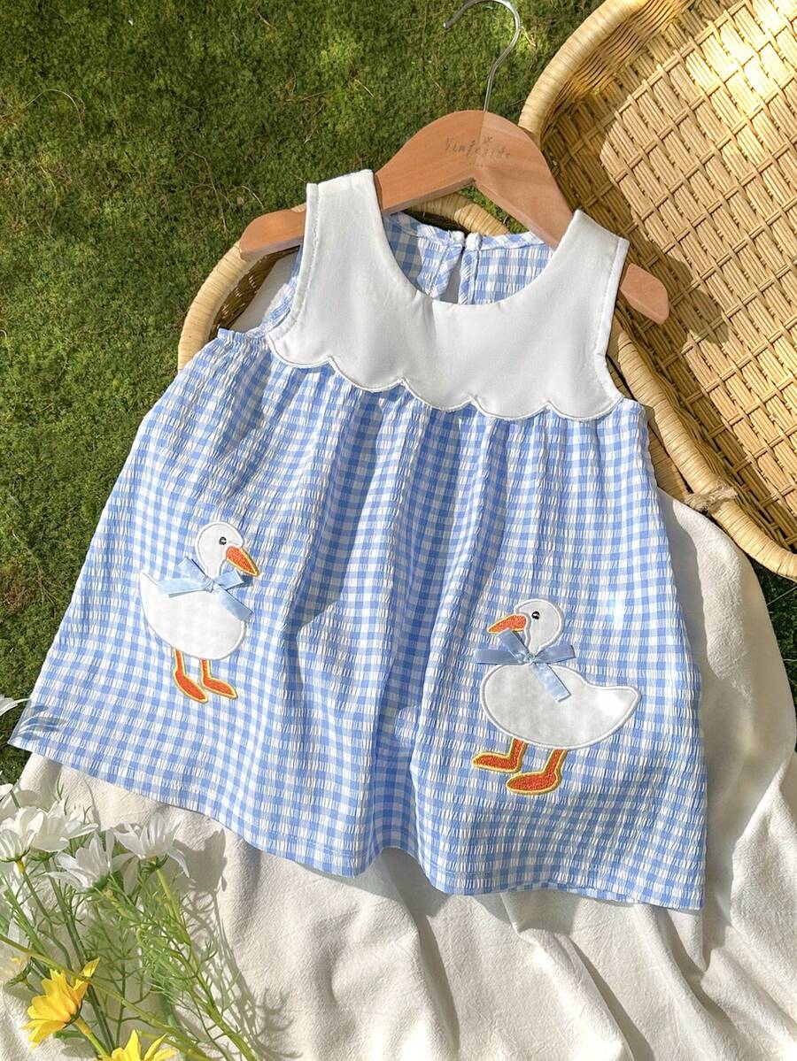 Sleeveless Long Dress with Embroidered Cartoon Duck for Toddler Girls