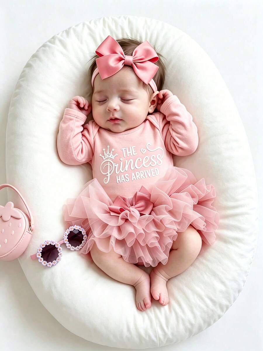 Baby Girl Romper with Tutu Skirt and Bow Headband for Photoshoots and Coming Home