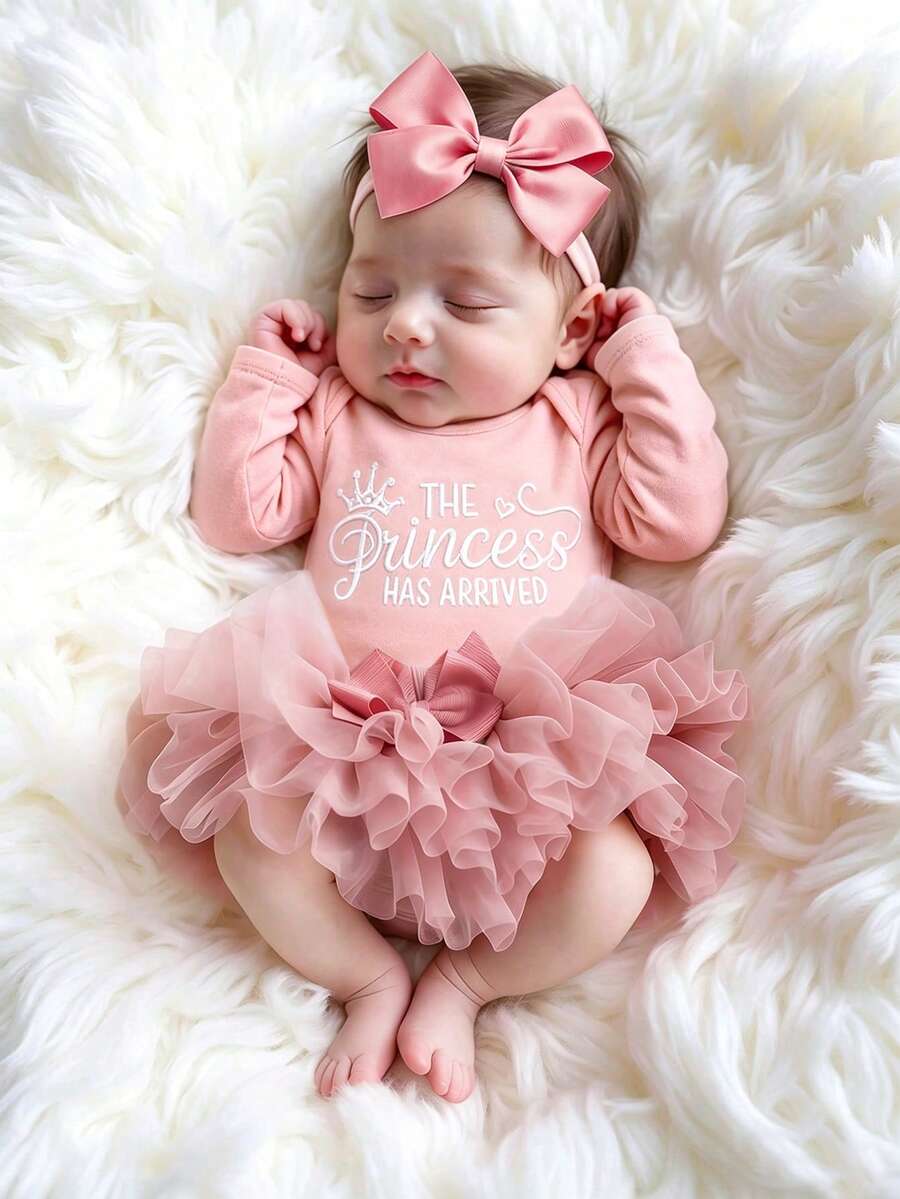 Baby Girl Romper with Tutu Skirt and Bow Headband for Photoshoots and Coming Home