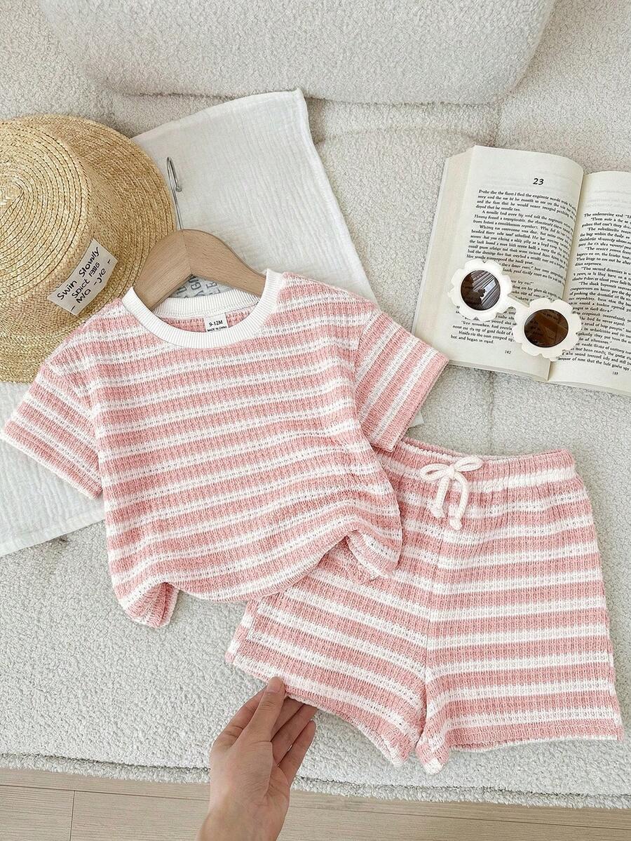 Rainbow Top And Elastic Waist Shorts Set For Toddler Girls Casual Wear