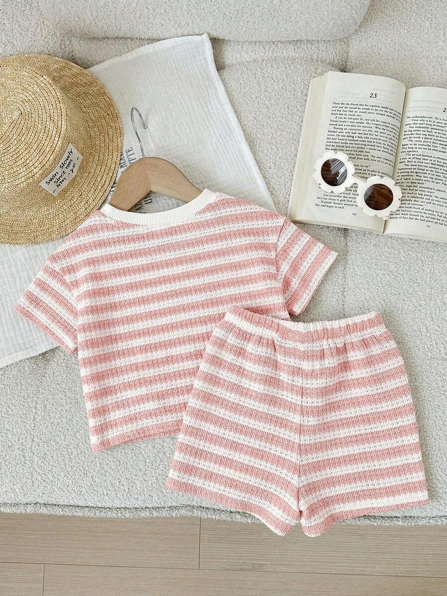 Rainbow Top And Elastic Waist Shorts Set For Toddler Girls Casual Wear