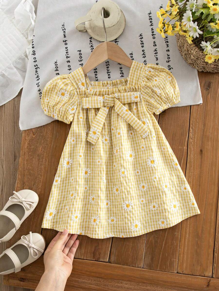 Green Plaid Short Sleeve Dress for Baby Girls - Cute Bow Accent Summer Outfit