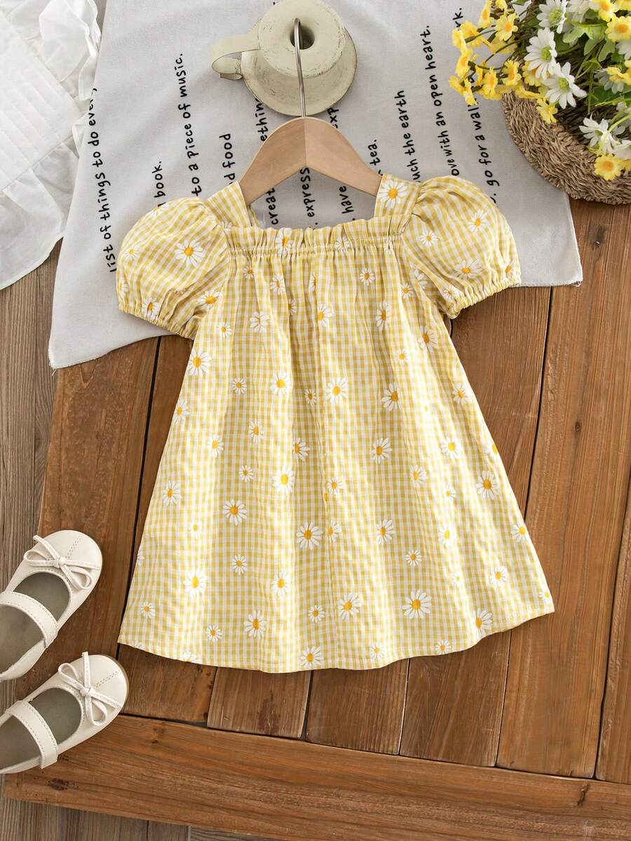 Baby Girl Plaid Bow Detail Short Sleeve Dress Cute Summer Vacation Outfit
