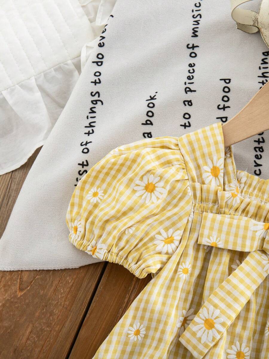 Baby Girl Plaid Bow Detail Short Sleeve Dress Cute Summer Vacation Outfit