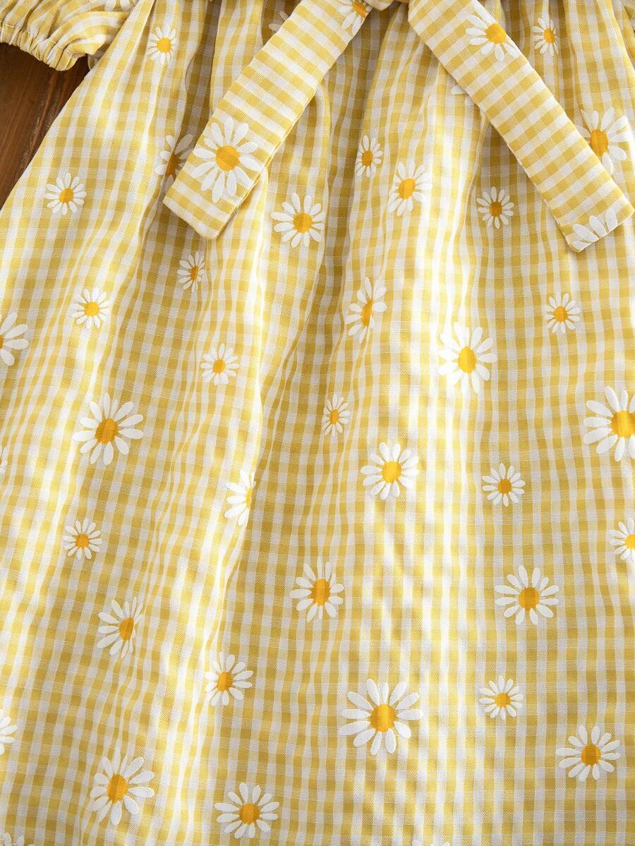 Baby Girl Plaid Bow Detail Short Sleeve Dress Cute Summer Vacation Outfit
