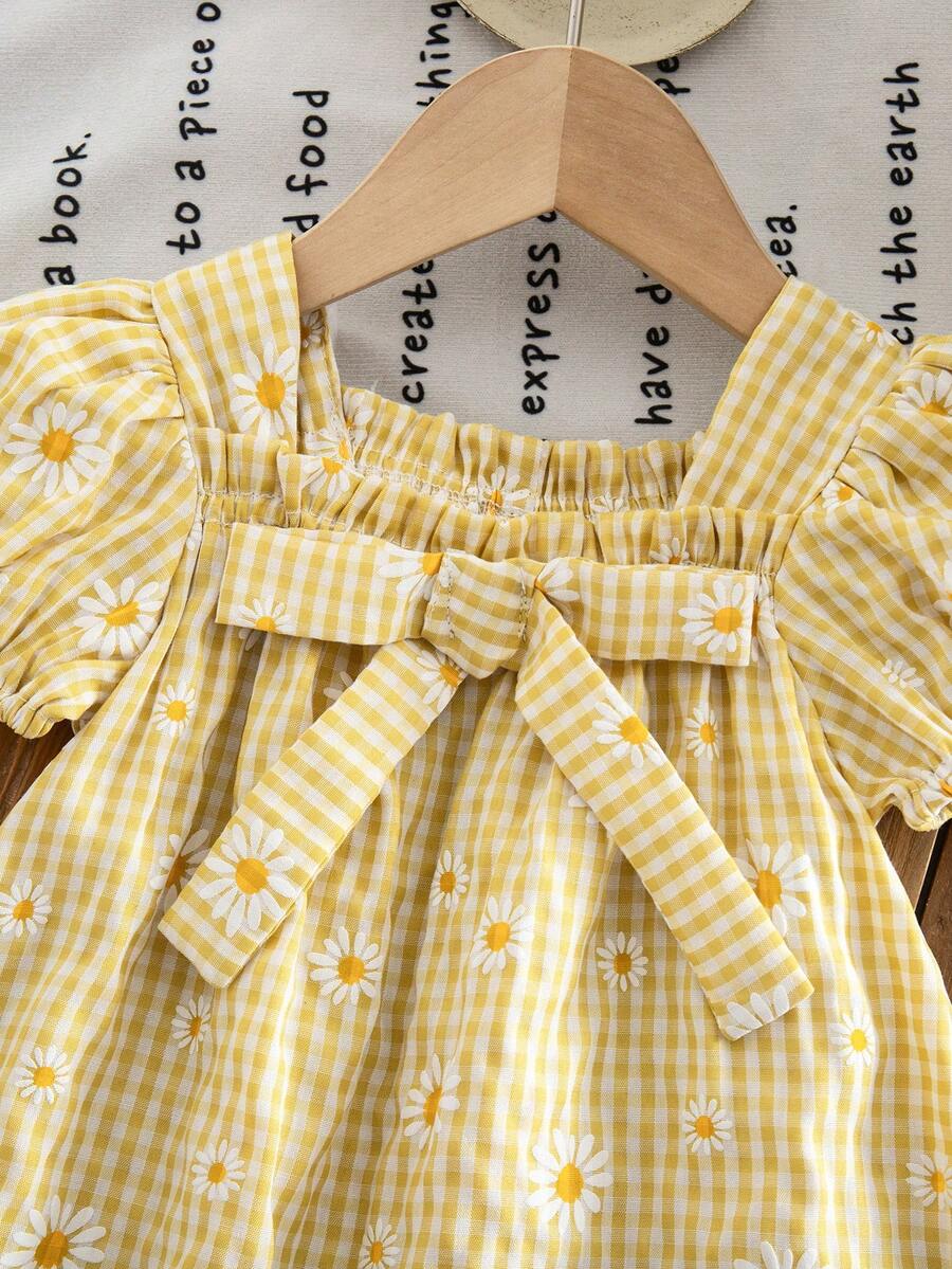 Green Plaid Short Sleeve Dress for Baby Girls - Cute Bow Accent Summer Outfit