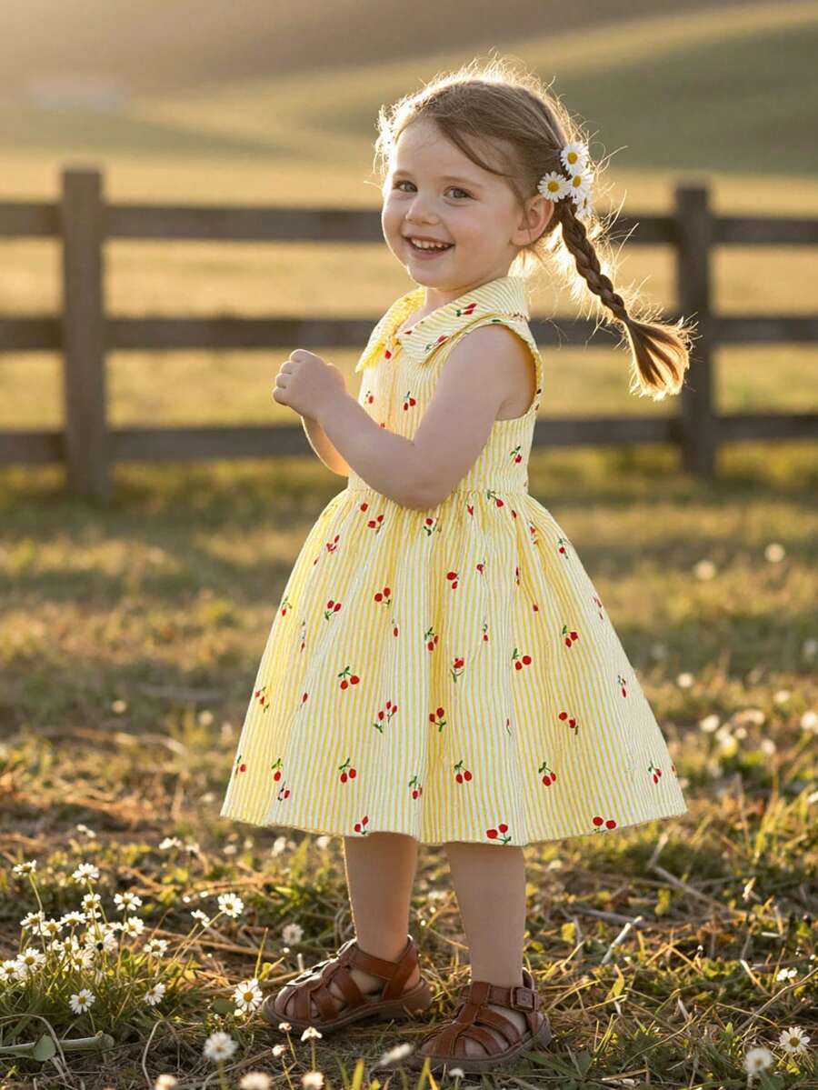 Kids Floral Print A-Line Dress With Bucket Hat Cute Summer Outing Clothing Set