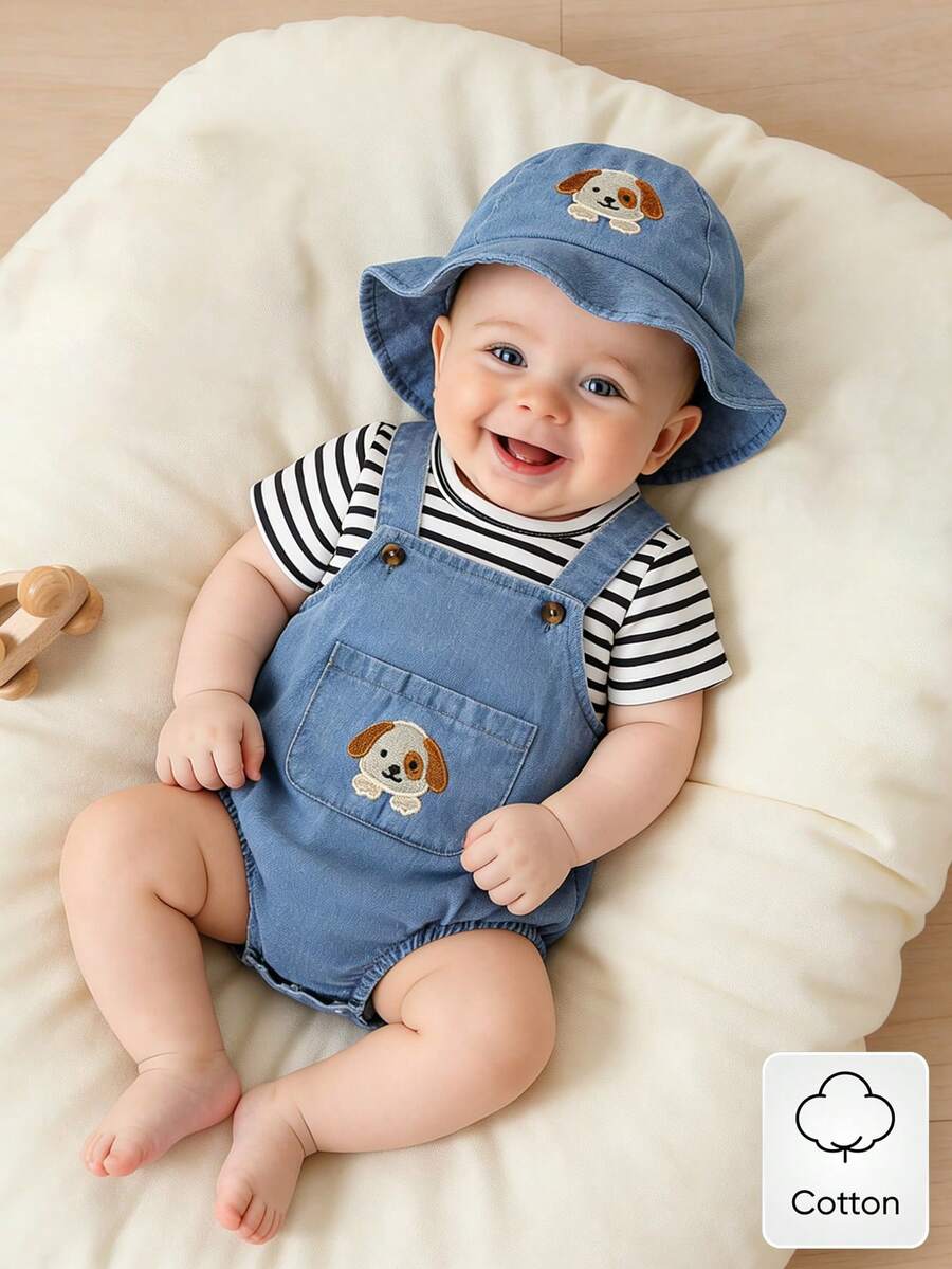 2PCS Baby Boy Striped T Shirt and Bear Suspender Shorts Set for Cute Summer Daily Wear