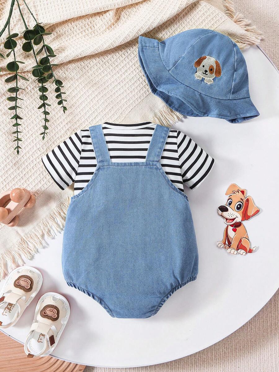 2PCS Baby Boy Striped T Shirt and Bear Suspender Shorts Set for Cute Summer Daily Wear