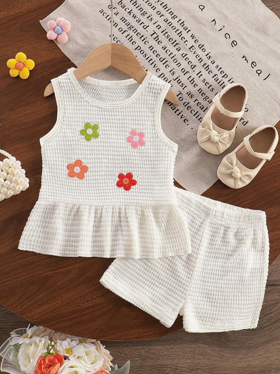 Two Piece Summer Clothing Set For Kids Girls Floral Knit Top And Shorts