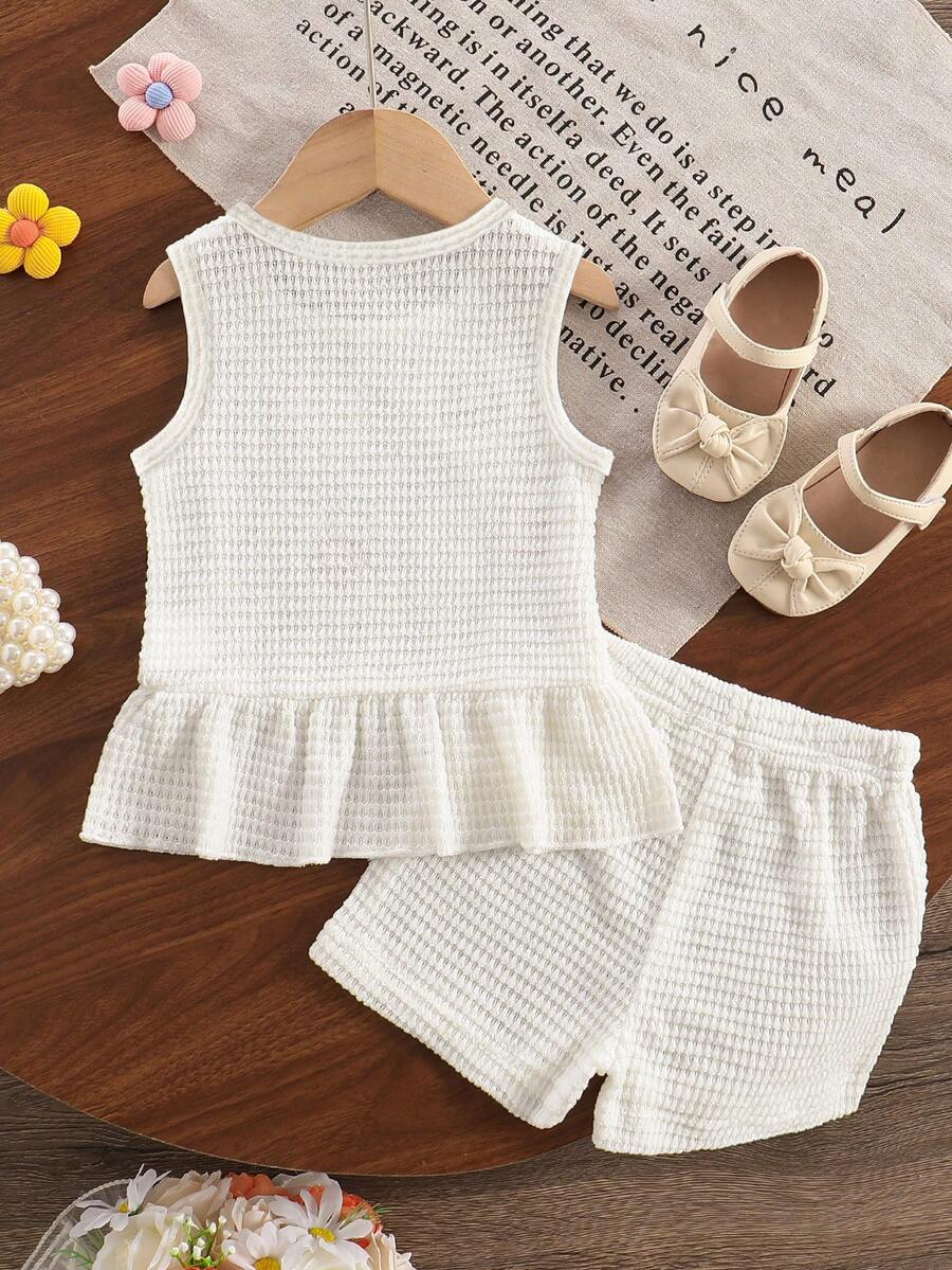 Two Piece Summer Clothing Set For Kids Girls Floral Knit Top And Shorts