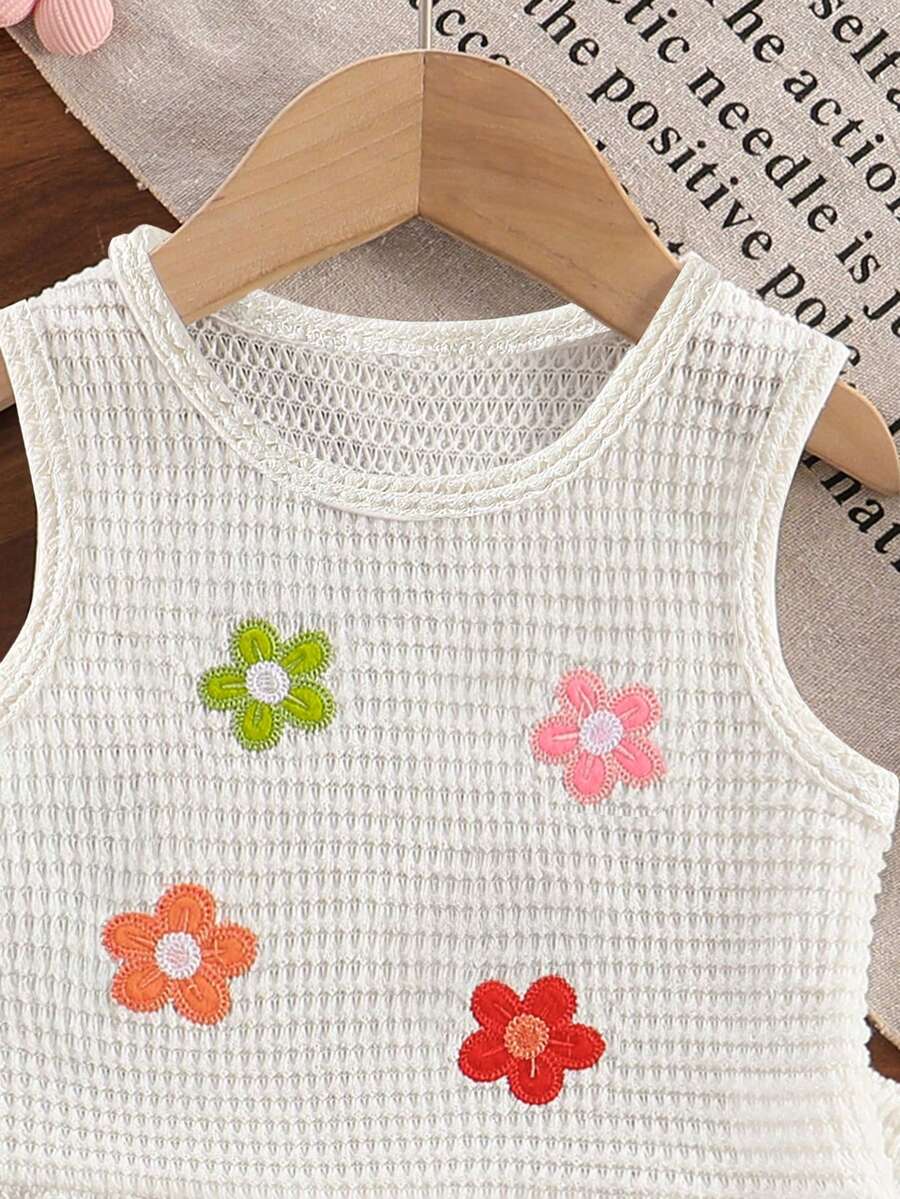 Two Piece Summer Clothing Set For Kids Girls Floral Knit Top And Shorts