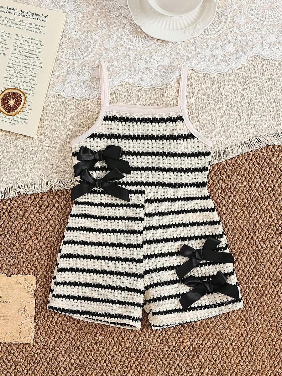 Cute Baby Girl Sleeveless Ribbed Short Jumpsuit With Bow Detail Casual Summer Wear