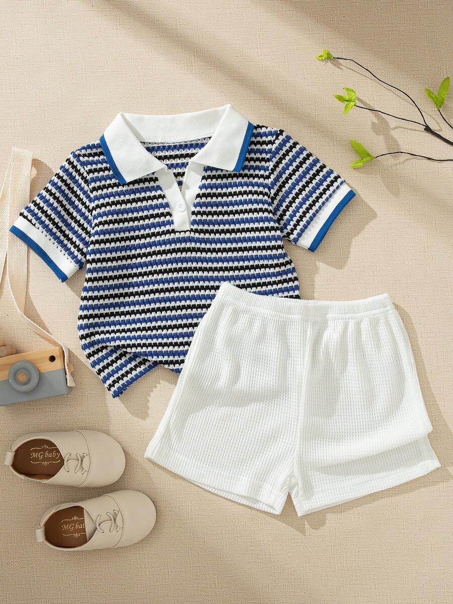 Playful Pals Baby Boy Khaki OOTD: Textured V-Neck and Striped Outfit