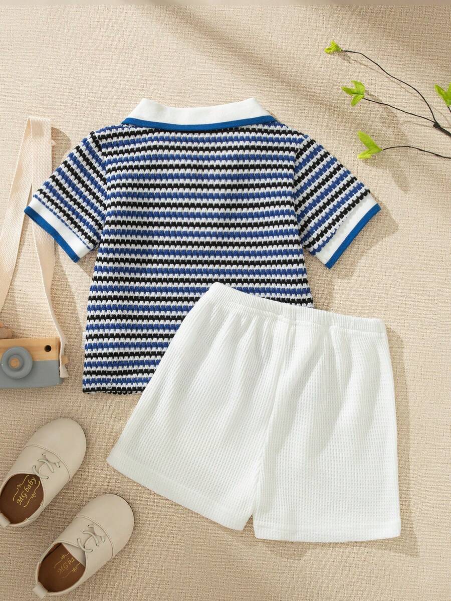 Playful Pals Baby Boy Khaki OOTD: Textured V-Neck and Striped Outfit