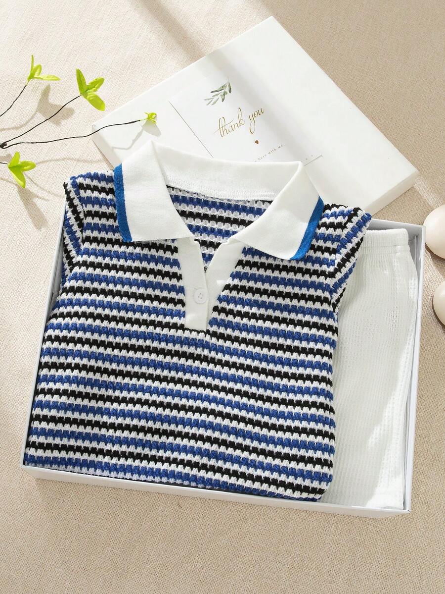 Playful Pals Baby Boy Khaki OOTD: Textured V-Neck and Striped Outfit