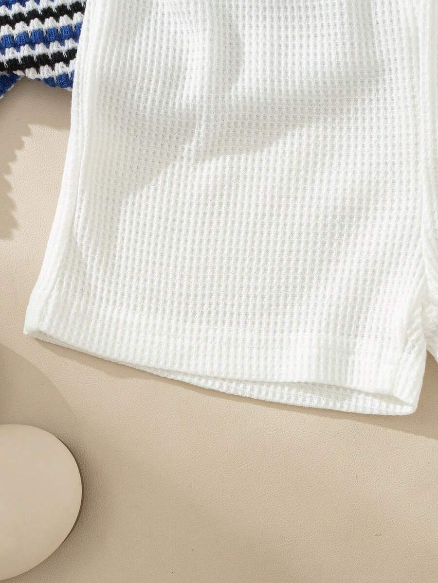 Playful Pals Baby Boy Khaki OOTD: Textured V-Neck and Striped Outfit