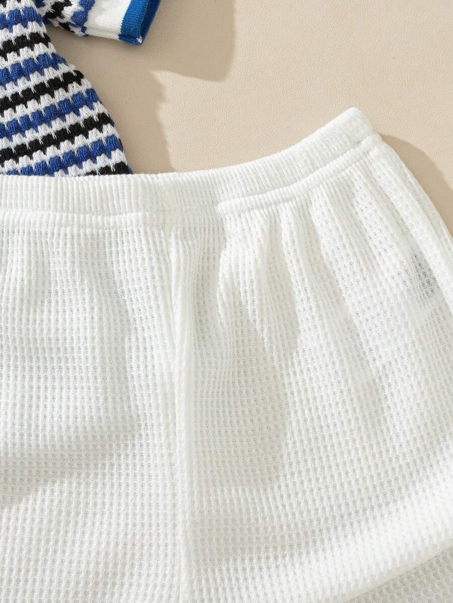 Playful Pals Baby Boy Khaki OOTD: Textured V-Neck and Striped Outfit