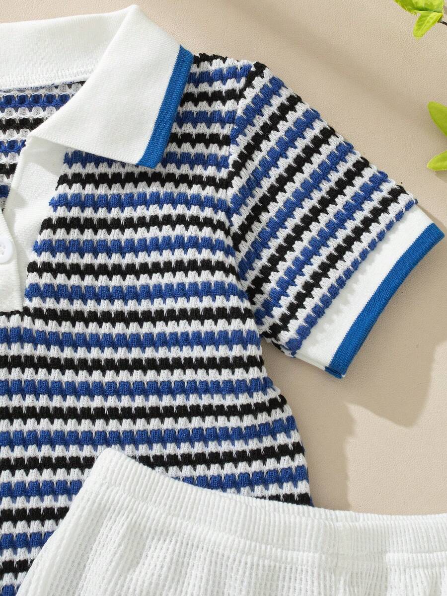 Playful Pals Baby Boy Khaki OOTD: Textured V-Neck and Striped Outfit