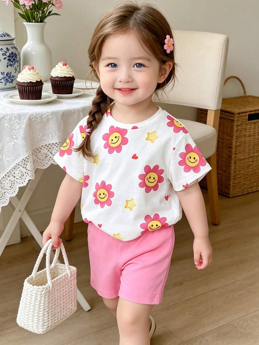Vacation Ready Floral Print Set For Baby Girls With Tee And Shorts