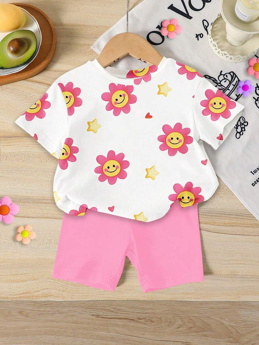 Vacation Ready Floral Print Set For Baby Girls With Tee And Shorts