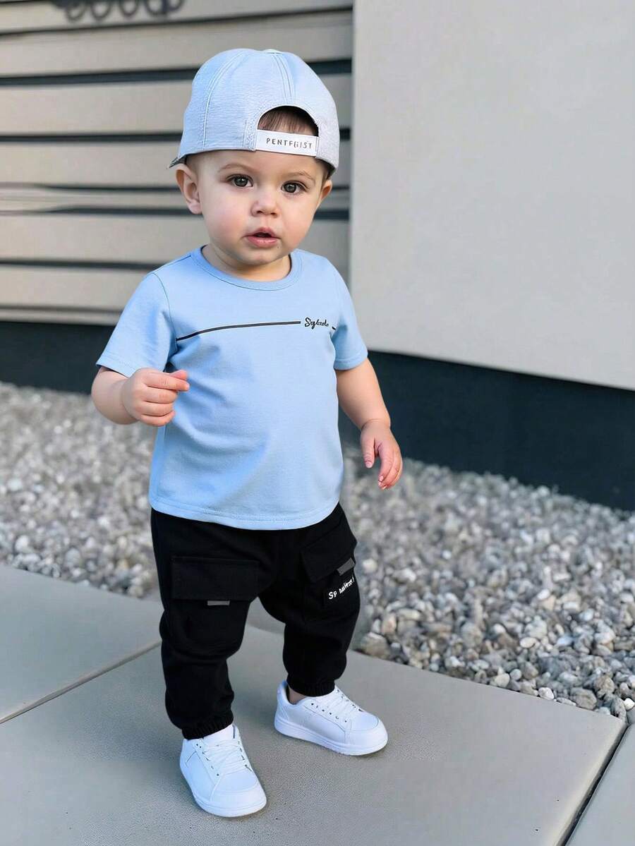 Baby Boy Letter Print T Shirt and Large Pocket Pants 2 Piece Casual Outfit Set for Spring Summer Autumn
