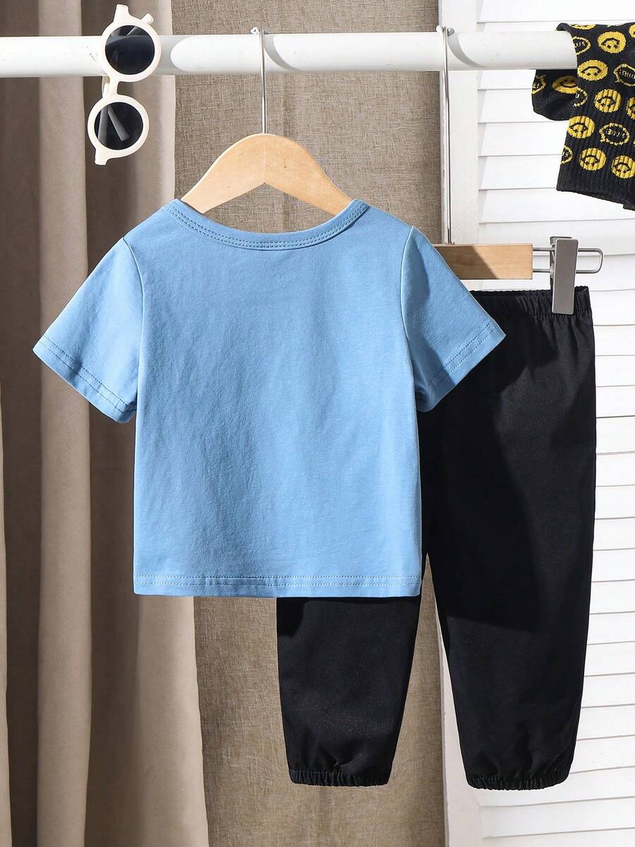 Baby Boy Letter Print T Shirt and Large Pocket Pants 2 Piece Casual Outfit Set for Spring Summer Autumn