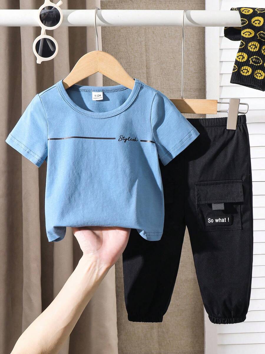 Baby Boy Letter Print T Shirt and Large Pocket Pants 2 Piece Casual Outfit Set for Spring Summer Autumn