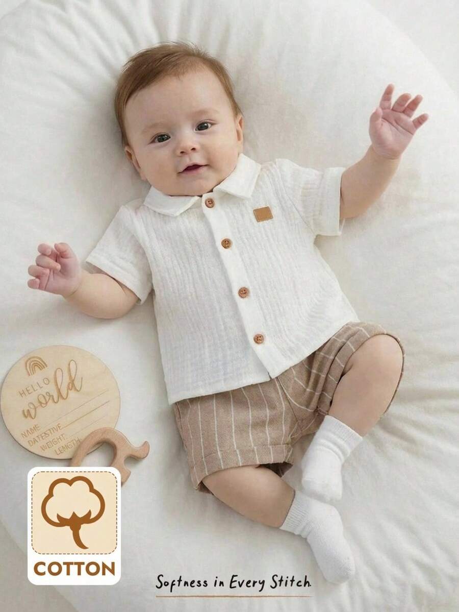 Baby Boy 2pcs Knit Jacquard Summer Set - Short Sleeve Shirt & Elastic Shorts