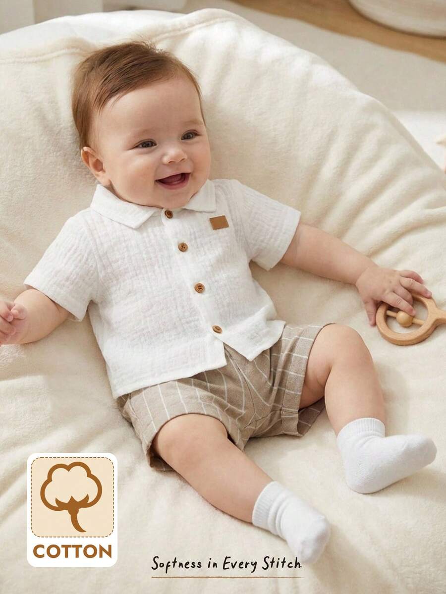 Baby Boy 2pcs Knit Jacquard Summer Set - Short Sleeve Shirt & Elastic Shorts