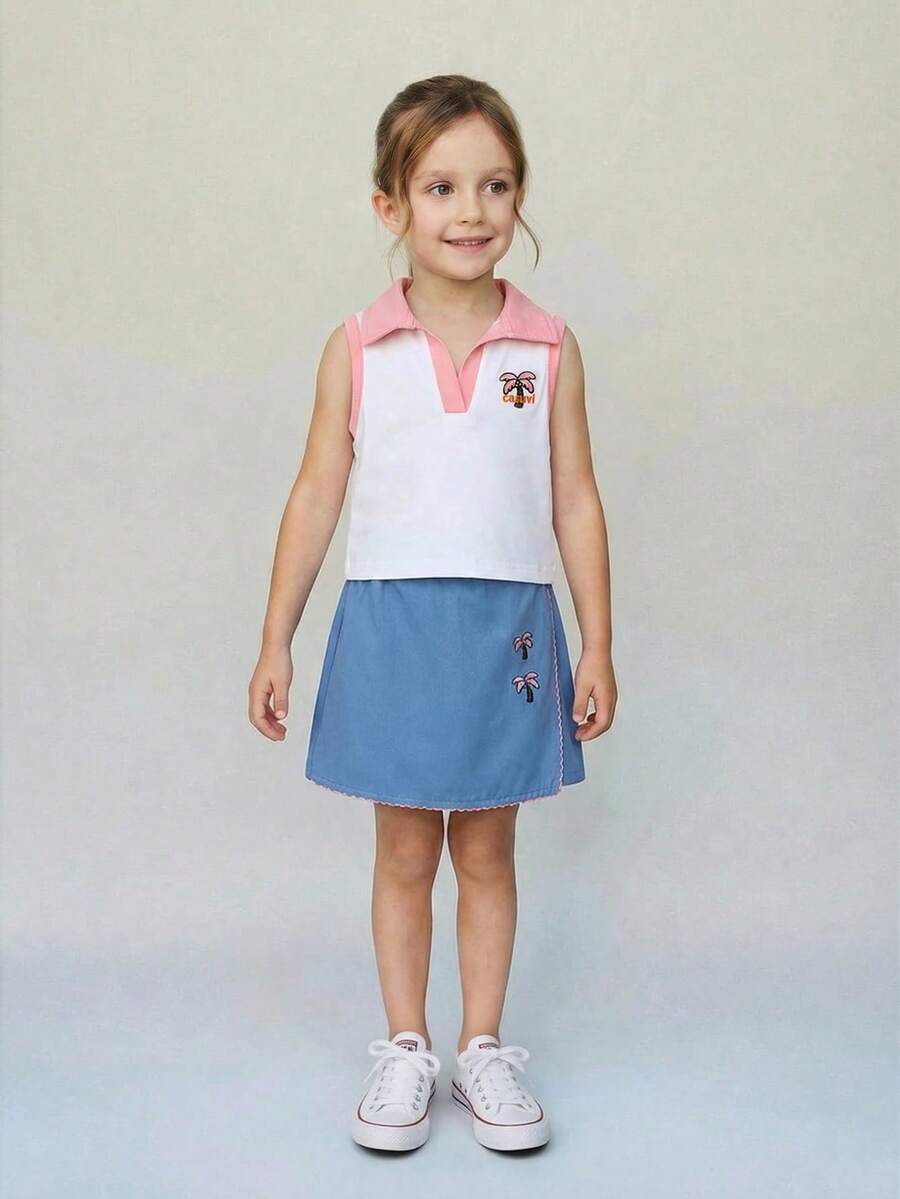 Toddler Girls Textured Knit Vest Top And Denim Skort Flower Embroidered Summer Outfit Set