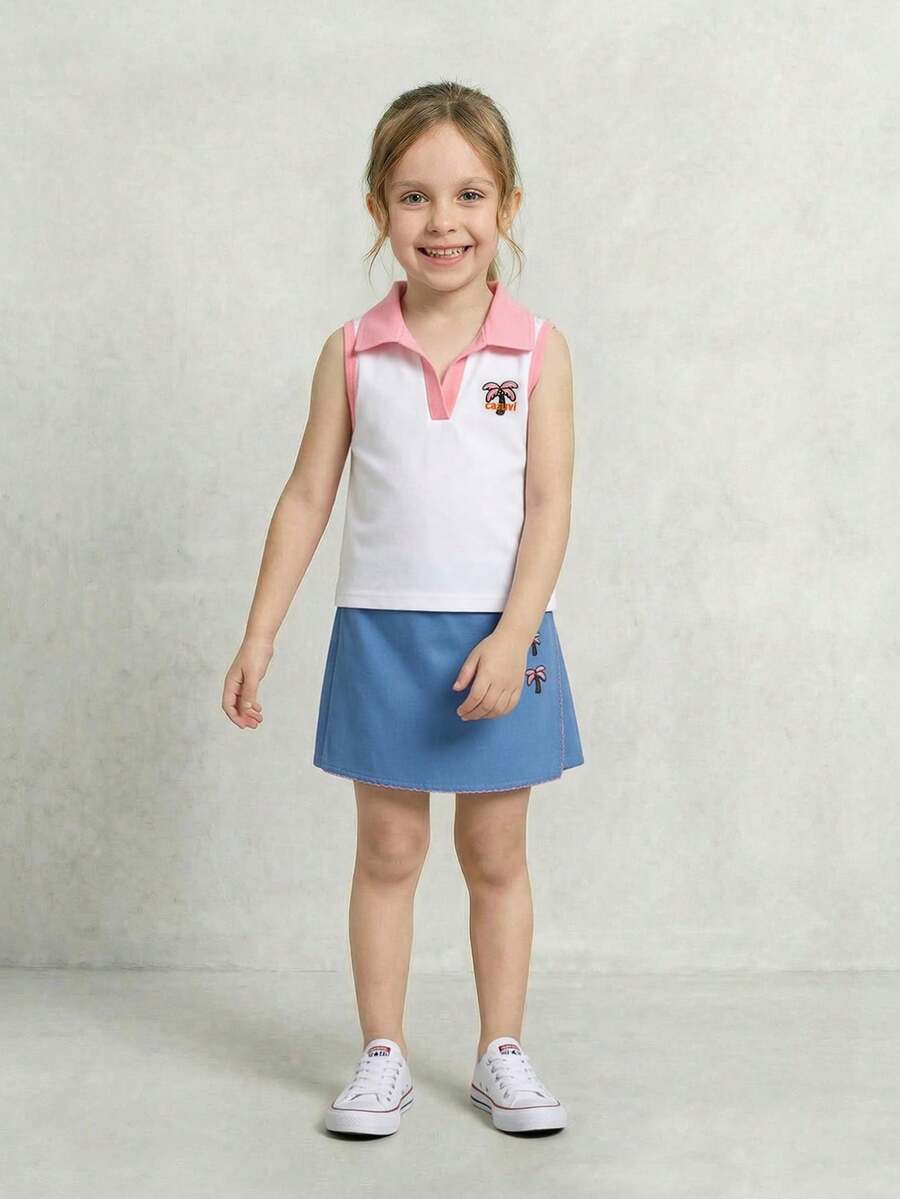Toddler Girls Textured Knit Vest Top And Denim Skort Flower Embroidered Summer Outfit Set