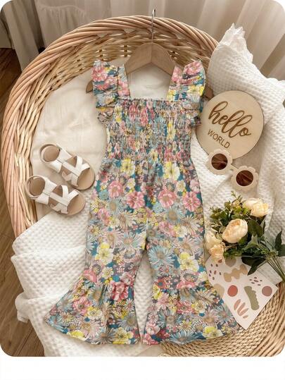 Baby Girl Floral Print Ruffle Trim Jumpsuit Cute Casual Summer Outfit