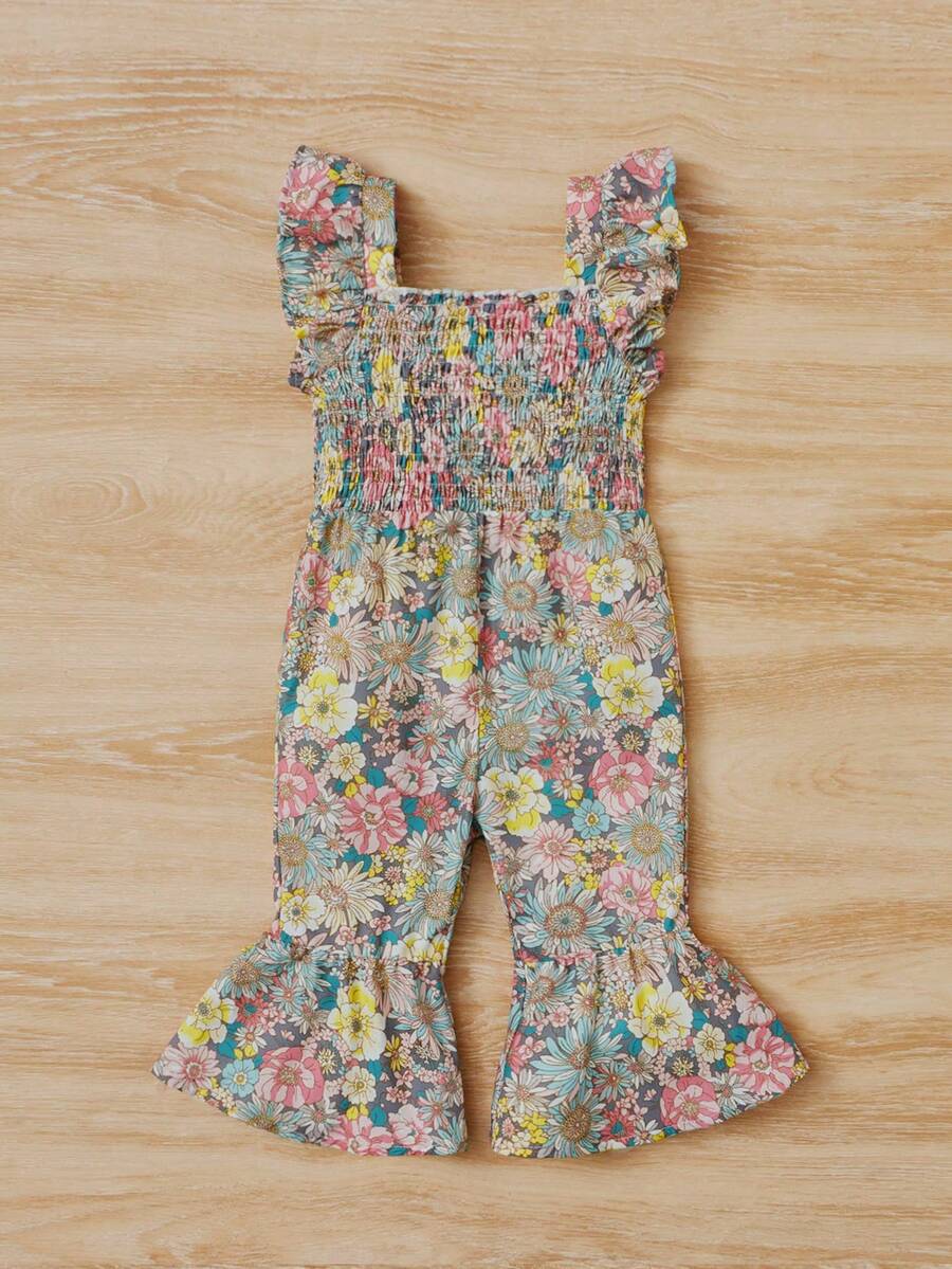Baby Girl Floral Print Ruffle Trim Jumpsuit Cute Casual Summer Outfit