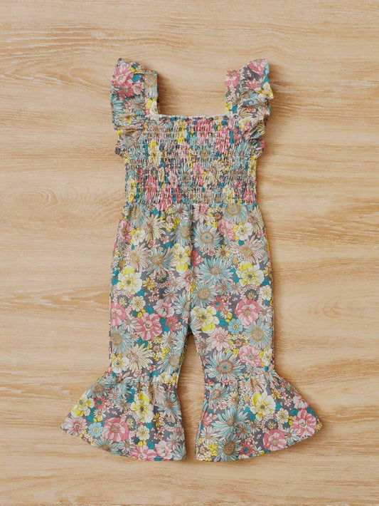 Baby Girl Floral Print Ruffle Trim Jumpsuit Cute Casual Summer Outfit