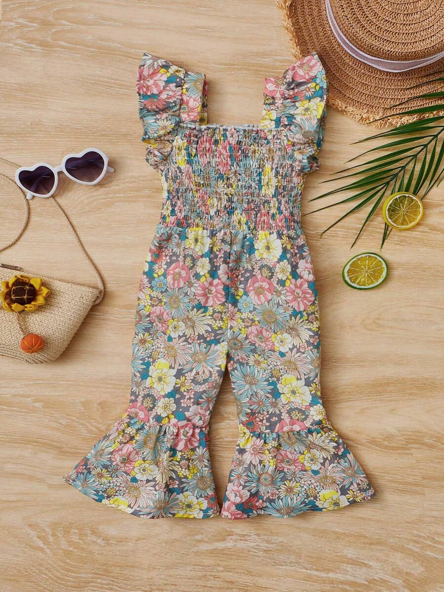 Baby Girl Floral Print Ruffle Trim Jumpsuit Cute Casual Summer Outfit
