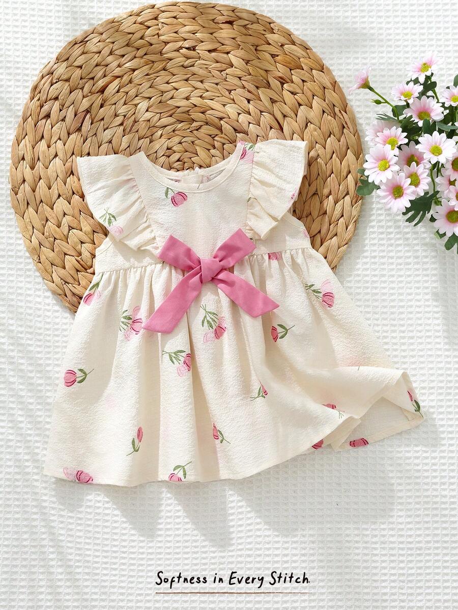 Cozy Pixies Floral Summer Dress - Contrast Color Bow & Waist Tie Detail
